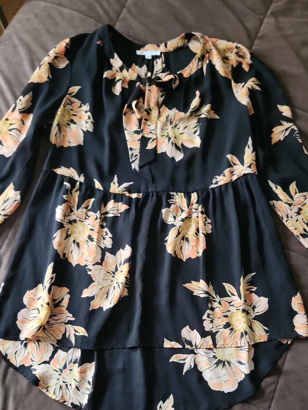 DR2 Black Floral Print Top with Peach and Neon Yellow Accents